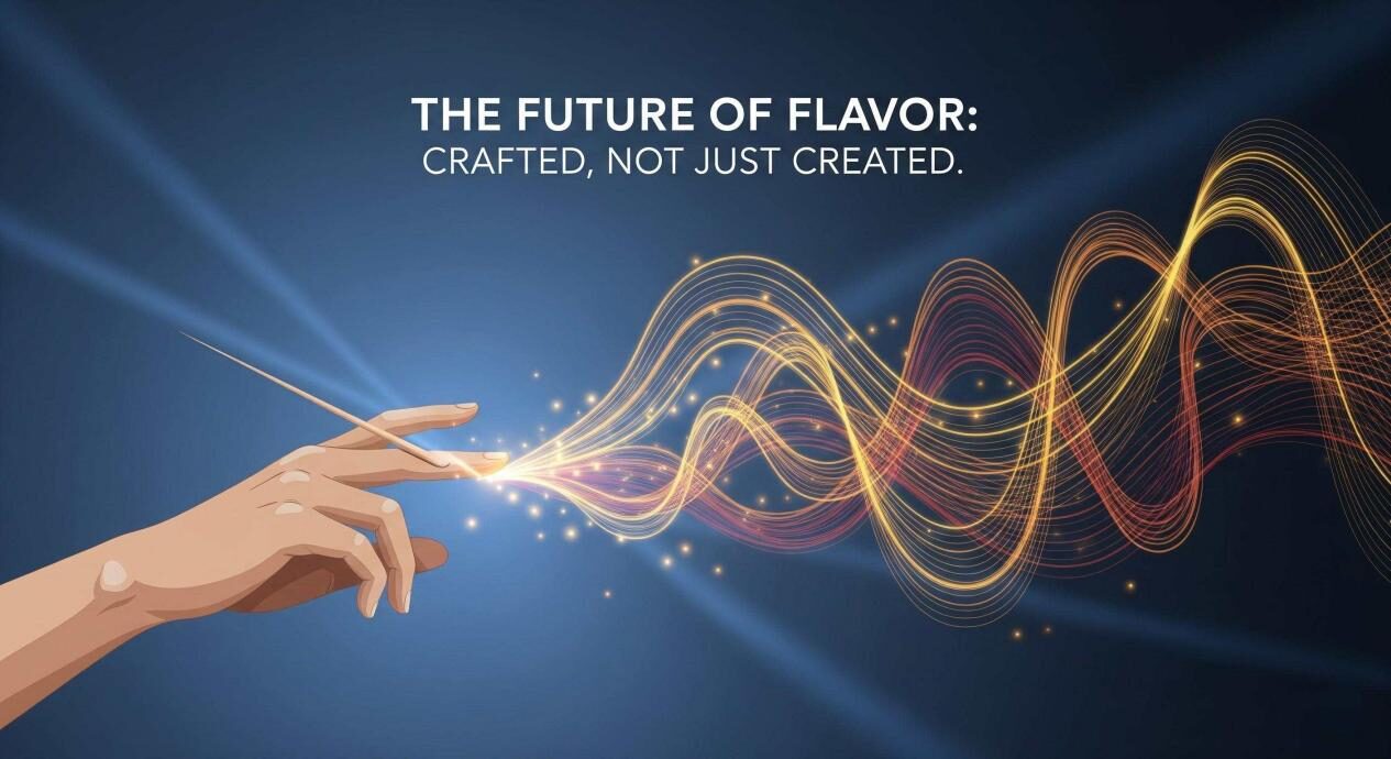 Une illustration conceptuelle montre une main stylisée "dessinant" un profil de saveur dans l'air. Les lignes qu'il trace ne sont pas statiques; Ils ondulent et se développent, montrant une expérience sensorielle multidimensionnelle et durable. Les lignes sont faites de couleurs brillantes et subtiles - desylows, des bruns et des rouges. Le sentiment global est celui de l'innovation et de la possibilité illimitée. Le titre est "L'avenir de la saveur: fabriqué, pas seulement créé".