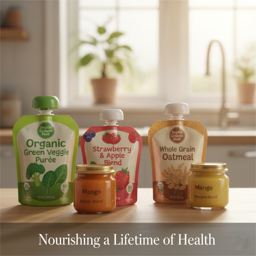 Una imagen suave y de alta calidad que muestra una serie de diferentes bolsas o frascos de comida para bebés, cada una con etiquetas coloridas y una variedad de tipos de alimentos, como una verdura en puré verde, una mezcla de frutas rojas y una mezcla de grano marrón. El fondo es un ambiente hogareño suave y fuera de enfoque, que evoca un sentido de confianza y cuidado. El título general de la imagen es "nutrir toda una vida de salud".