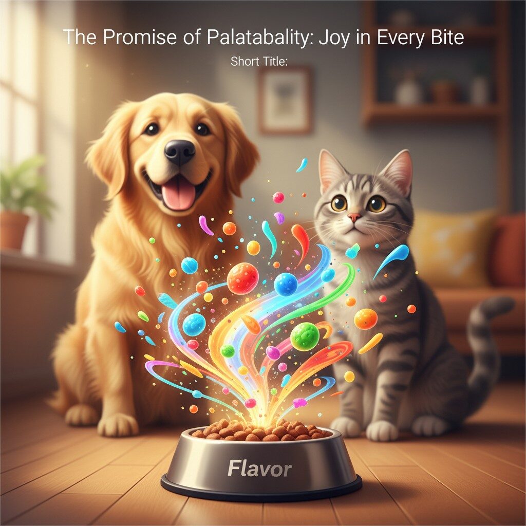 一个充满活力的高质量插图，标题为“可口的承诺：每一个咬人的喜悦”。显示了一个宠物食品碗，其中柔软，发光和旋转的光环有彩色的风味颗粒和抽象形状的上升，代表着复杂的风味。在背景中，一只快乐的，不合时宜的狗和猫充满了期待，表明宠物的愉悦和满足感来自可口的食物。