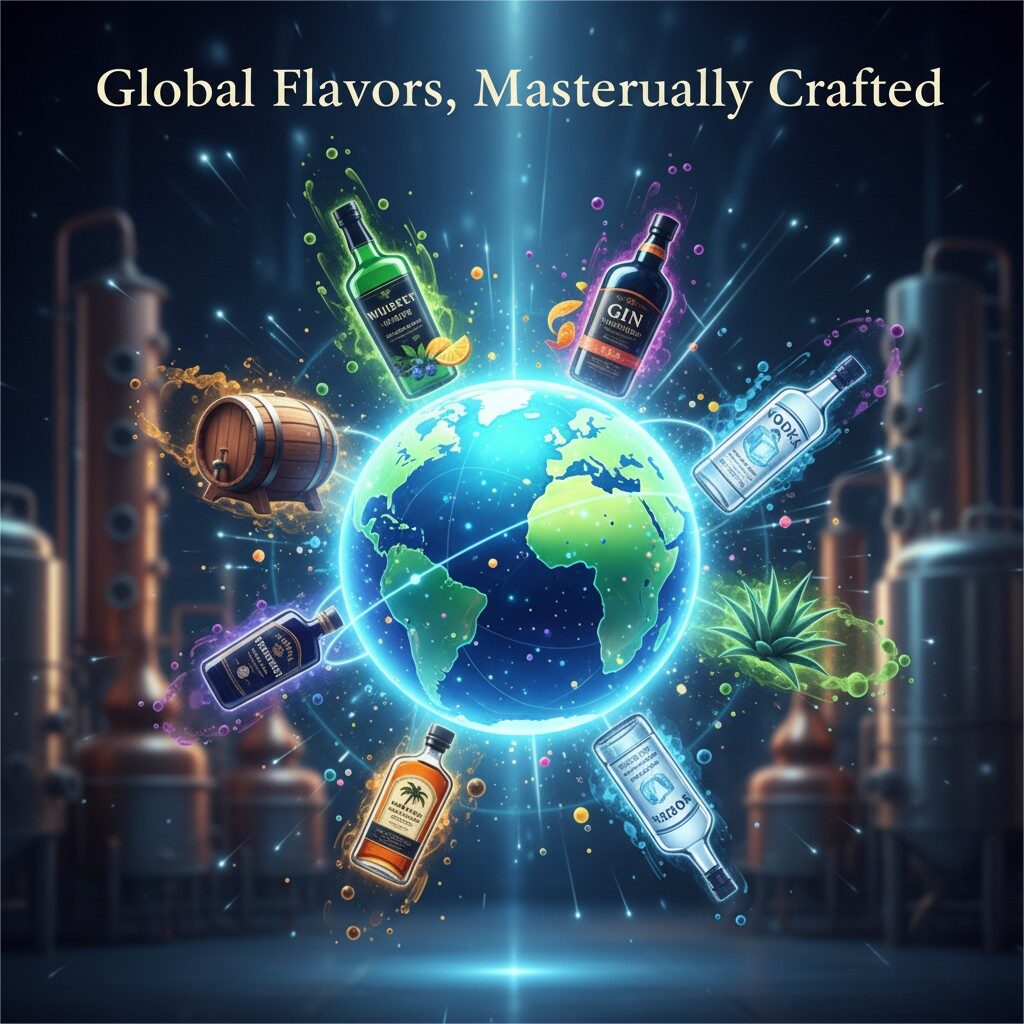 一个充满活力的高能插图，标题为“全球风味，精心制作”。风格化的地球仪周围环绕着各种精神图标，包括威士忌酒桶，带有植物的杜松子酒瓶和代表全球风味趋势的龙舌兰龙舌兰植物。视觉是动态和乐观的，这表明了无限风味可能性的未来。