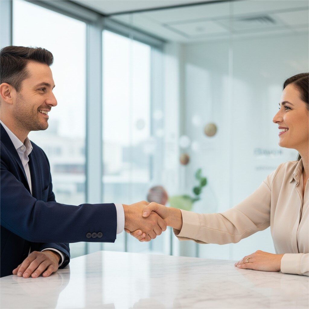 两个人的专业,中等特写镜头,在现代干净的桌子上进行了坚定的握手。两个人都穿着商务休闲服装,传达了专业精神。设置是明亮而现代的,可能是办公室或会议室。在柔和的背景中,有一些现代风味应用或干净的实验室环境的暗示,将合作伙伴关系与品牌的核心业务联系起来。握手传达了信心,协议和共同的成功。