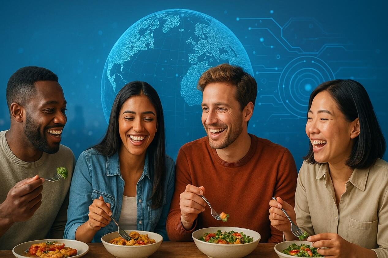 صورة تطلعية واقعية ترمز إلى الابتكار والاتصال العالمي في الغذاء ، تُظهر مجموعة متنوعة من الأشخاص الذين يستمتعون بالمأكولات الحديثة في جو متفائل ومستقبلي.