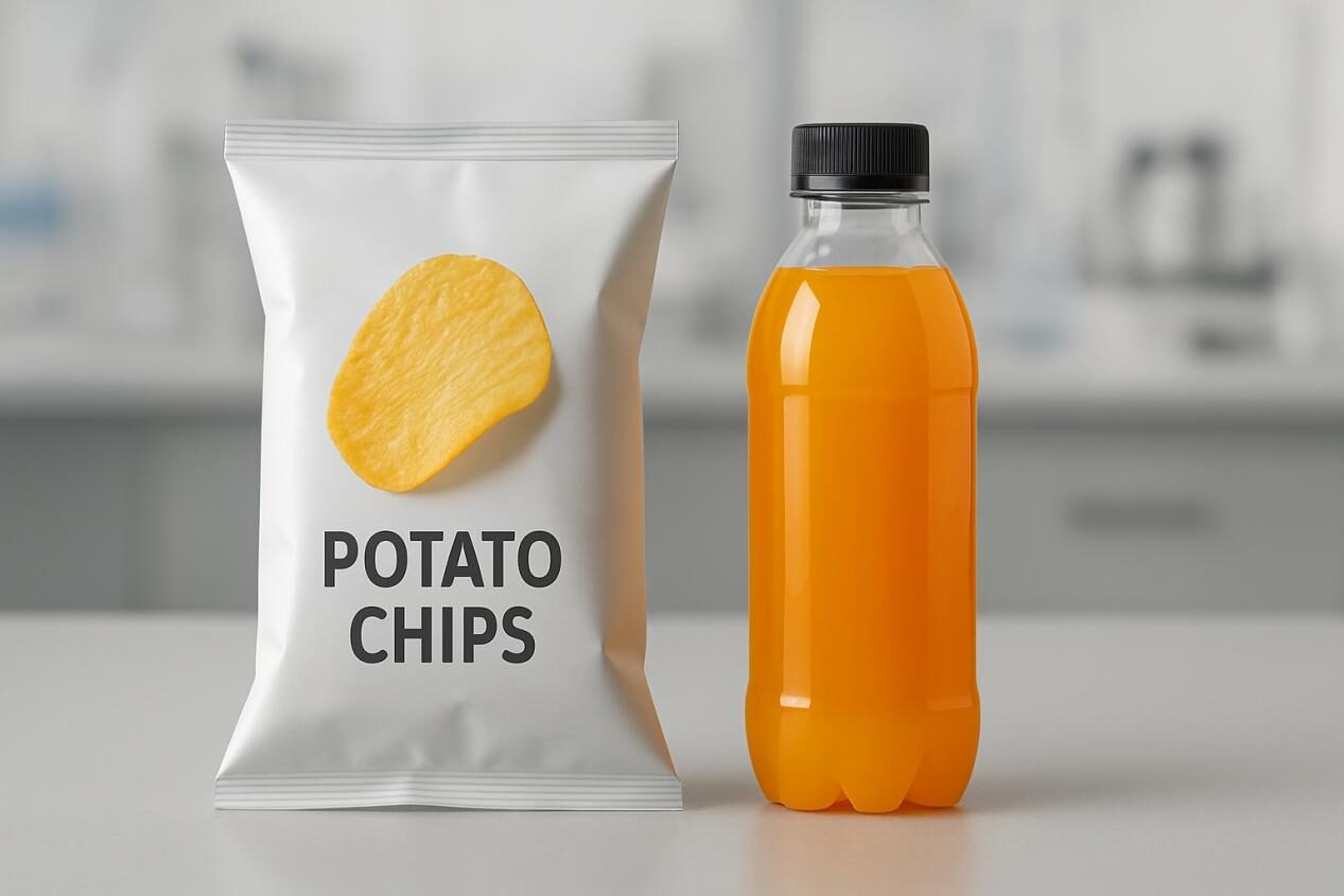 Un refrigerio nítido y una bebida vibrante en el empaque moderno, que se establece en un sutil formato de laboratorio, que representa la estabilidad y la calidad en los alimentos.