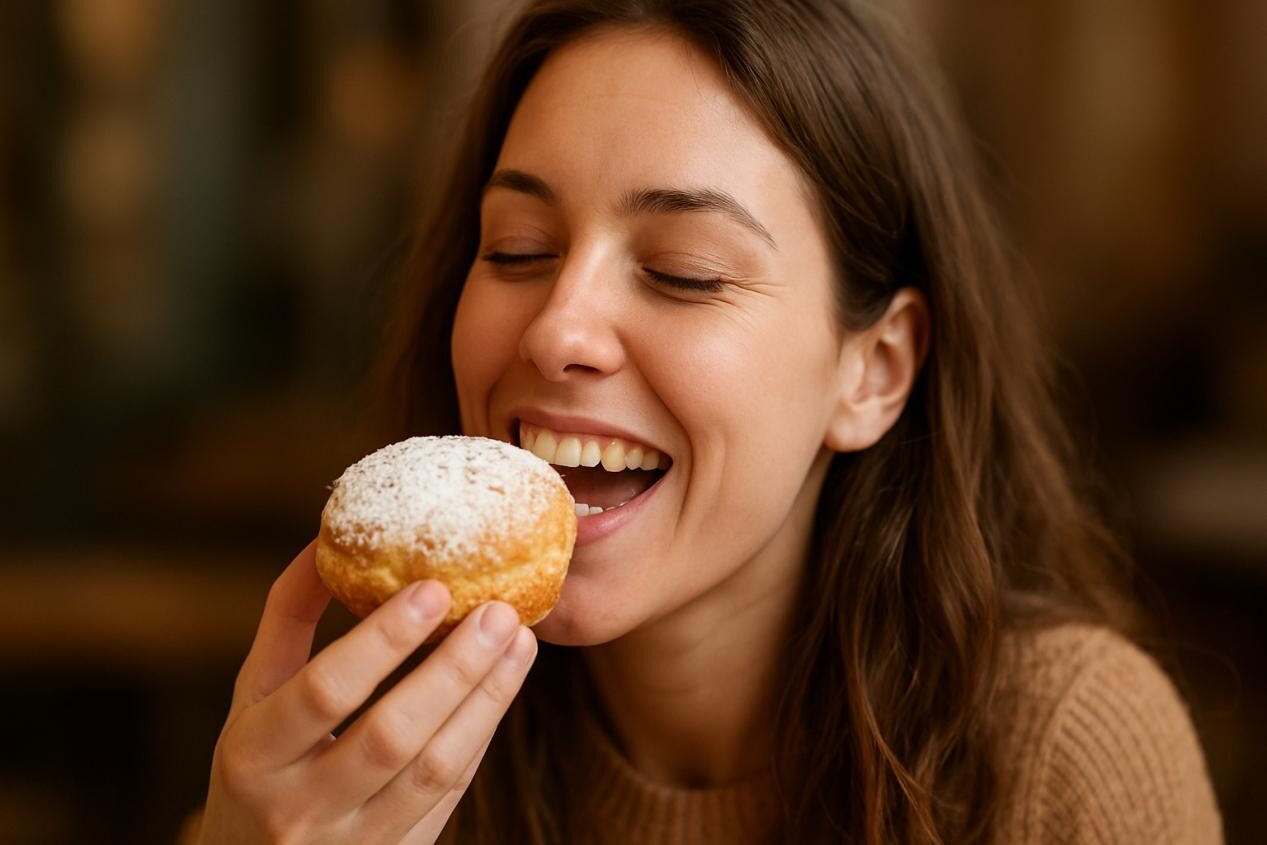 امرأة شابة ذات تعبير مسرور تأخذ لدغة من المعجنات المغطاة بالسكر المسحوق ، وعينينها أغلقتا في الرضا ، مع الخلفية غير الواضحة تؤكد على النداء الذي لا يقاوم للعلاج.