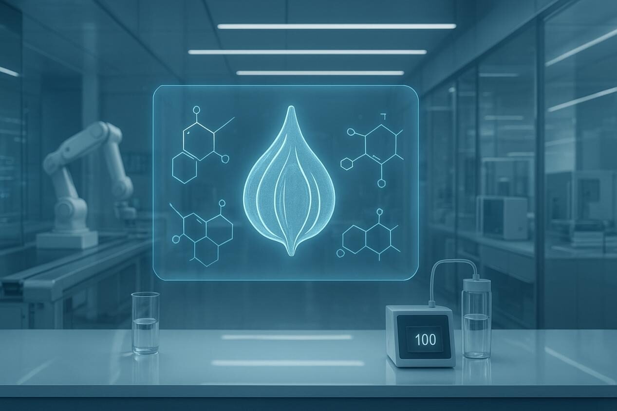 مختبر عصري مع معدات أنيقة وبرعم الذوق ثلاثي الأبعاد متوهج محاط بهياكل كيميائية ، يرمز إلى الابتكار ، والكفاءة ، وعلوم النكهة المتقدمة.