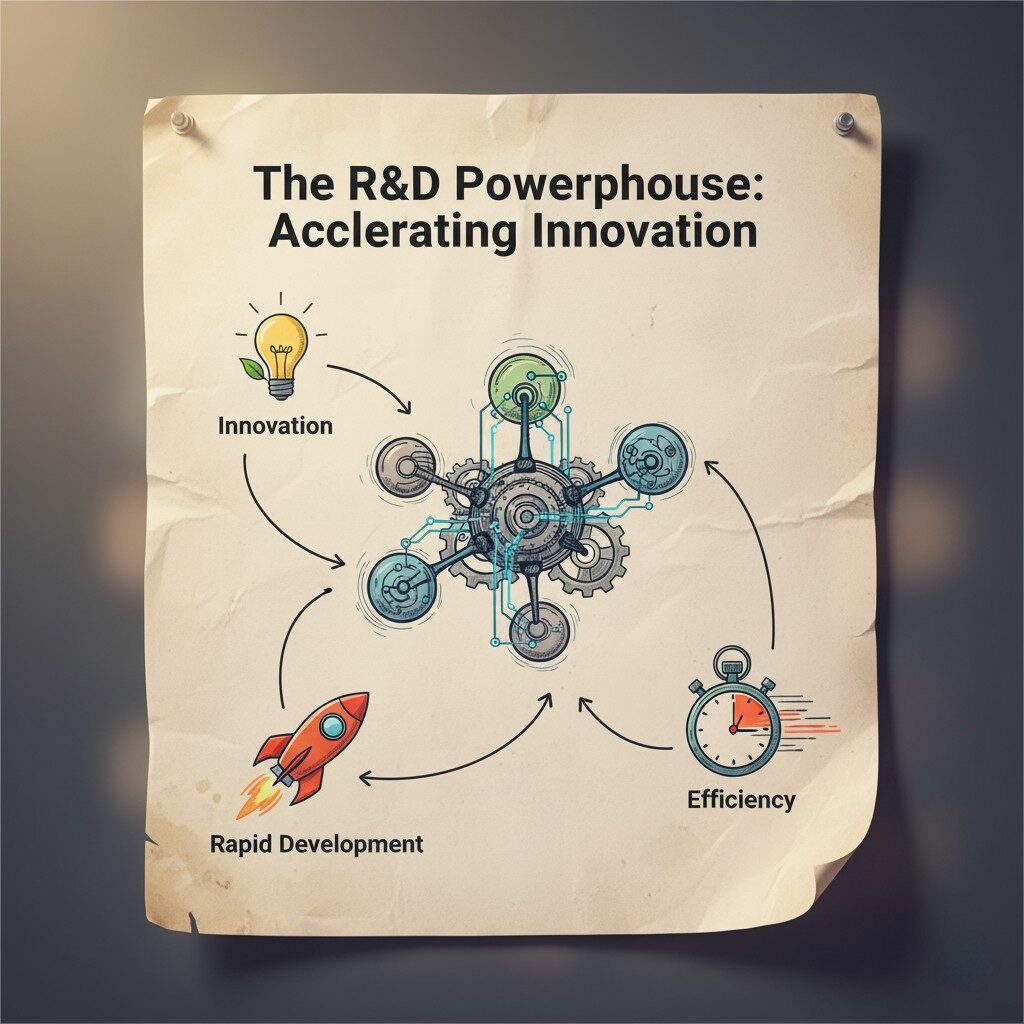A dynamic infographic titled "The R&D Powerhouse: Accelerating Innovation." In the center, a stylized molecule is depicted with integrated gears and circuits, symbolizing the fusion of chemistry and technology. Lines radiate from this central element to three icons: a lightbulb representing "Innovation," a rocket ship taking off for "Rapid Development," and a stopwatch with motion lines for "Efficiency." The infographic has a realistic, textured paper appearance pinned to a dark background.