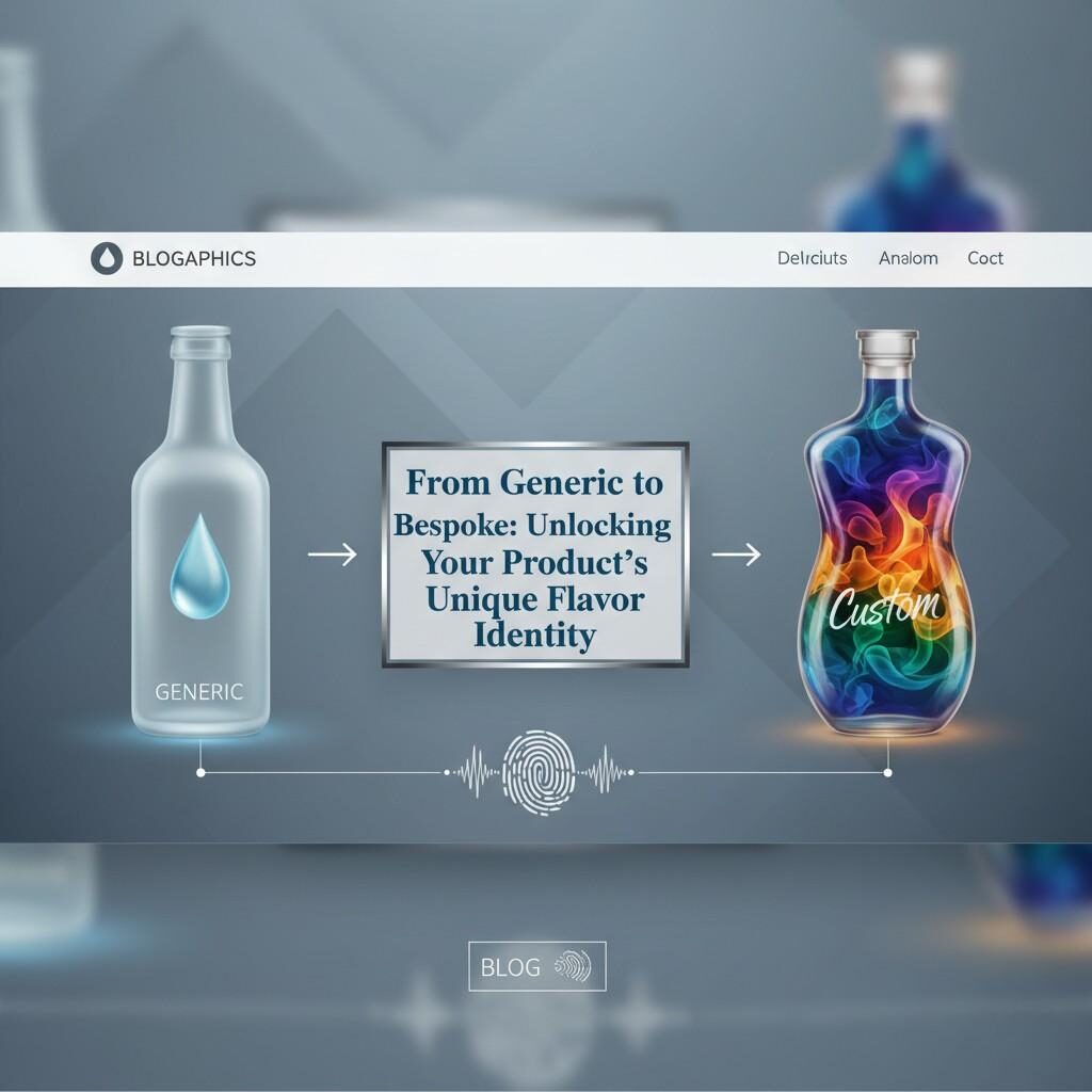 An infographic showcasing the transformation from generic to bespoke flavor identity. On the left, a plain bottle contains a single, simple flavor droplet, representing a generic product. On the right, a custom bottle features a complex, swirling, multi-colored flavor pattern, symbolizing a unique and bespoke product. A central text box reads, "From Generic to Bespoke: Unlocking Your Product's Unique Flavor Identity." The infographic has a modern, elegant, and professional feel with a realistic shooting effect.