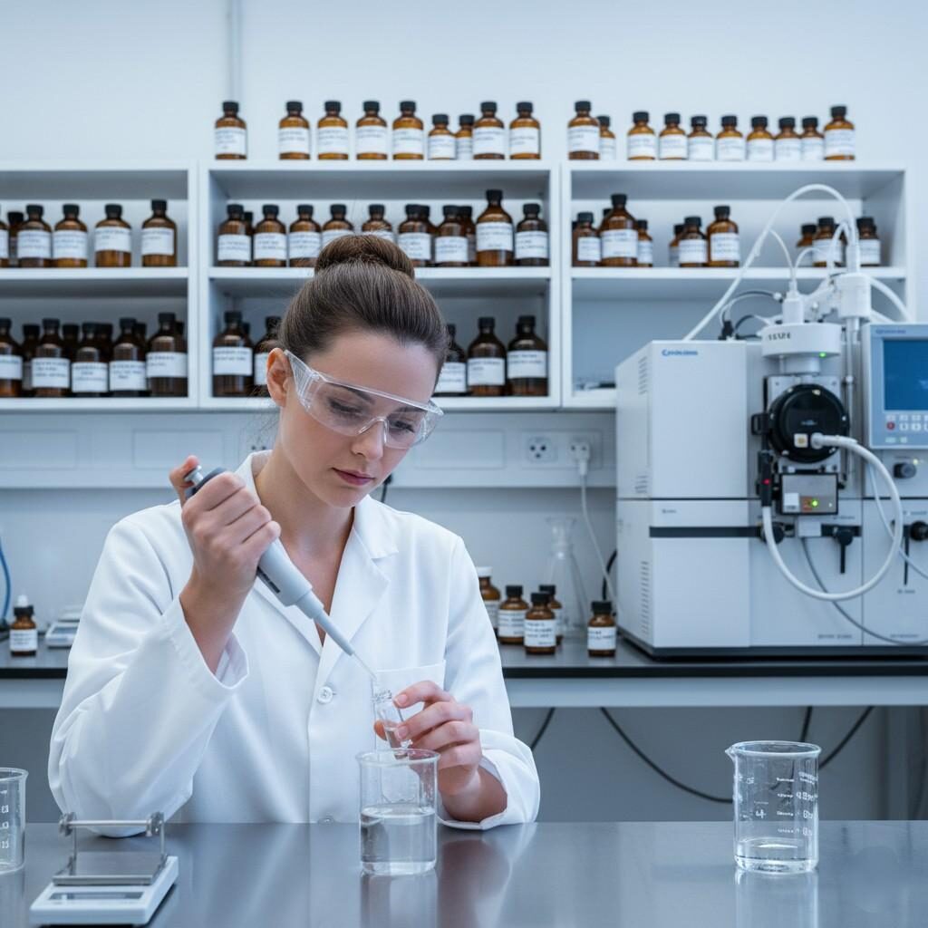 A realistic, high-resolution 16:9 image depicting a clean, modern laboratory. In the foreground, a focused flavor chemist, wearing a lab coat, is meticulously pipetting a clear liquid between two small vials. The background reveals shelves packed with hundreds of precisely labeled bottles, suggesting a vast array of flavor ingredients. A piece of advanced analytical equipment, possibly a Gas Chromatograph, is also visible, highlighting the scientific precision involved in flavor creation. The lighting is bright and even, emphasizing the sterile and professional environment.