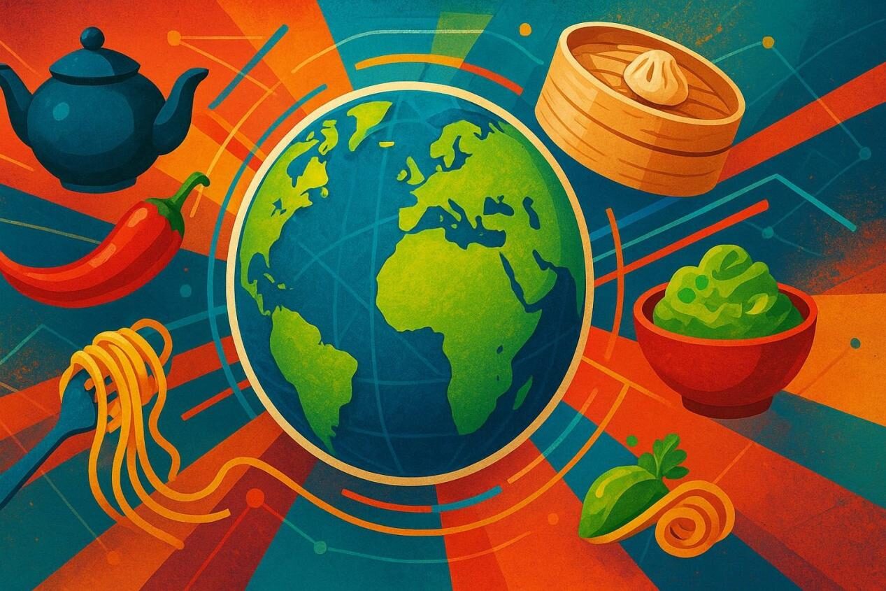 A vibrant digital collage featuring a vibrant globe at its center, surrounded by elements of global cuisine, including a teapot, peppers, a steamer, pasta, and sauces. Connected by geometric lines and vibrant colors, they symbolize the fusion of global flavors and innovation.