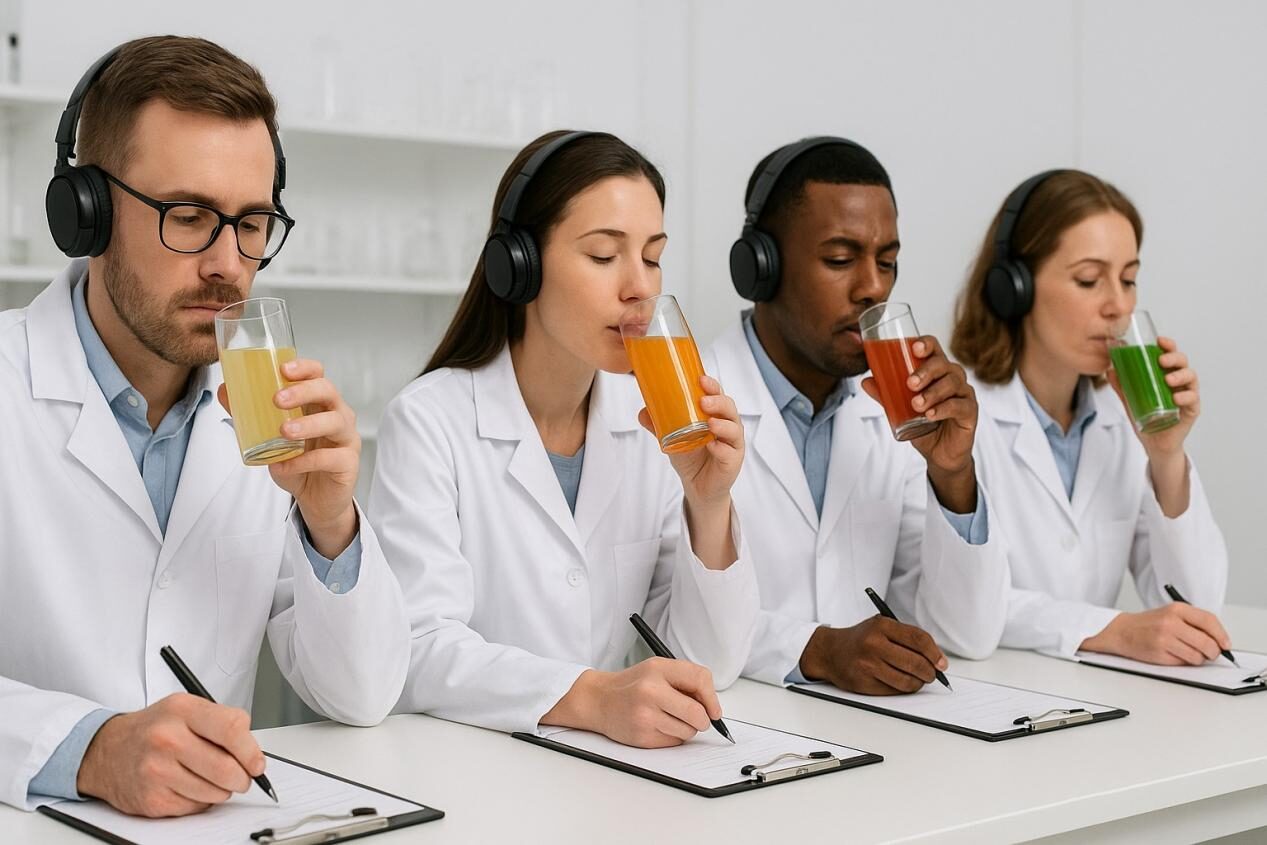 Trained sensory panel evaluating flavored beverages in a controlled lab environment.