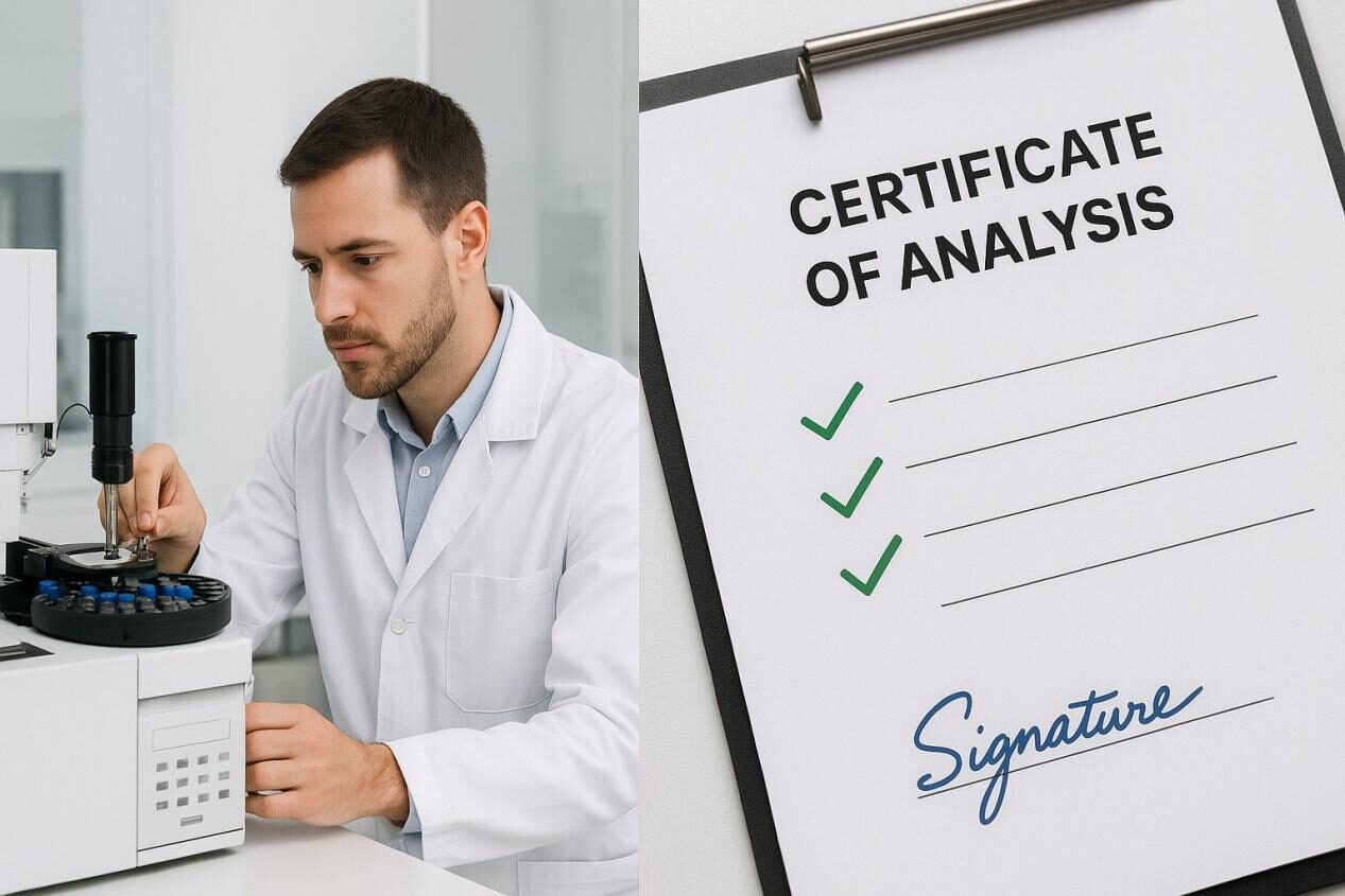 Split image showing a lab technician using analytical equipment on the left, and a digitally signed Certificate of Analysis with green checkmarks on the right, symbolizing quality assurance and compliance.