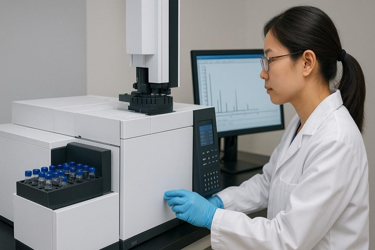 Analyst running GC–MS analysis on exotic flavor samples in a laboratory.