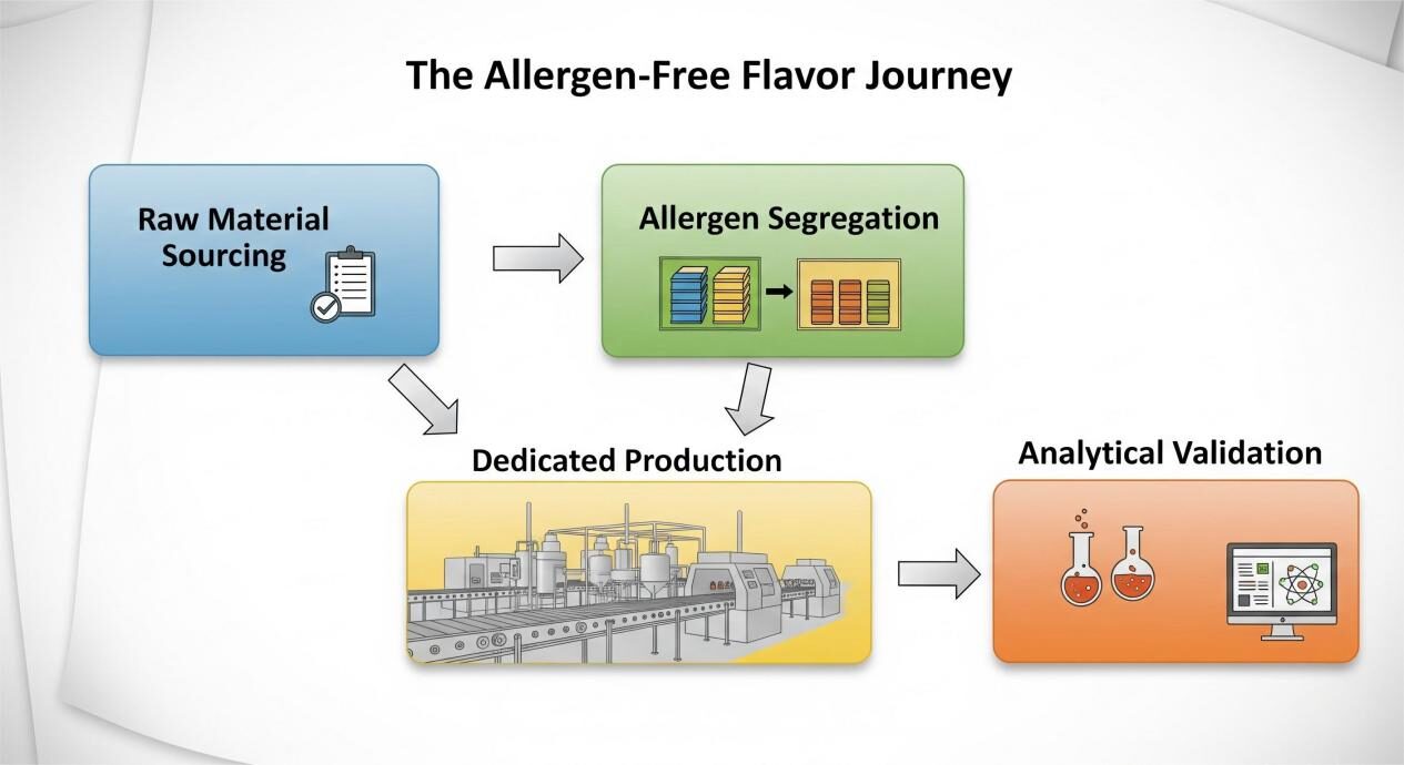 A step-by-step flowchart diagram titled "The Allergen-Free Flavor Journey." The first box is "Raw Material Sourcing," followed by an arrow to "Allergen Segregation," then another arrow to "Dedicated Production," and a final arrow to "Analytical Validation." Each box contains relevant icons.
