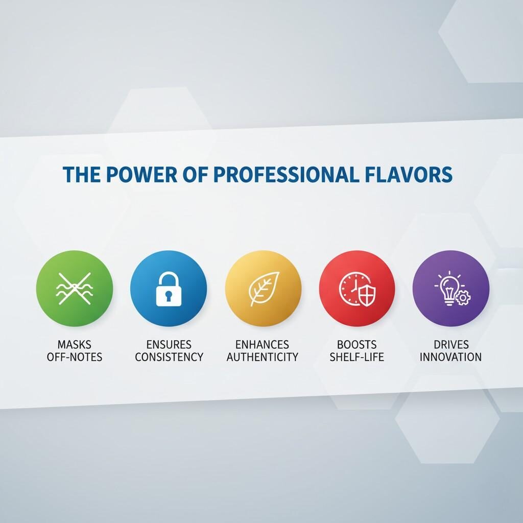 A compelling, clean, and professional 16:9 infographic visualizing the key benefits of using professional flavors. The design incorporates distinct icons and concise text for each benefit point, including "Masks Off-Notes," "Ensures Consistency," "Enhances Authenticity," "Boosts Shelf-Life," and "Drives Innovation." The layout is easy to read, with a modern aesthetic and a realistic graphical style, making the information readily digestible for a blog audience.