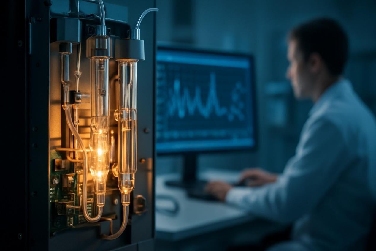 A close-up of a laboratory interior. The glass tubes and electronic components of a high-tech analytical instrument gleam in the dim light. In the background, a scientist monitors waveform data on a computer screen, creating an atmosphere of precision and cutting-edge technology.