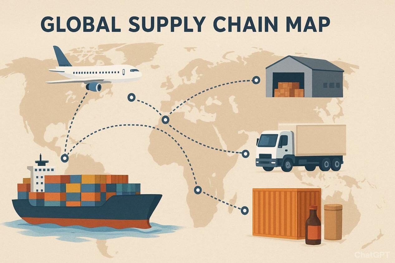 Global supply chain illustration showing logistics flow for food and beverage flavors with ships, planes, trucks, and warehouses connected in a digital network.
