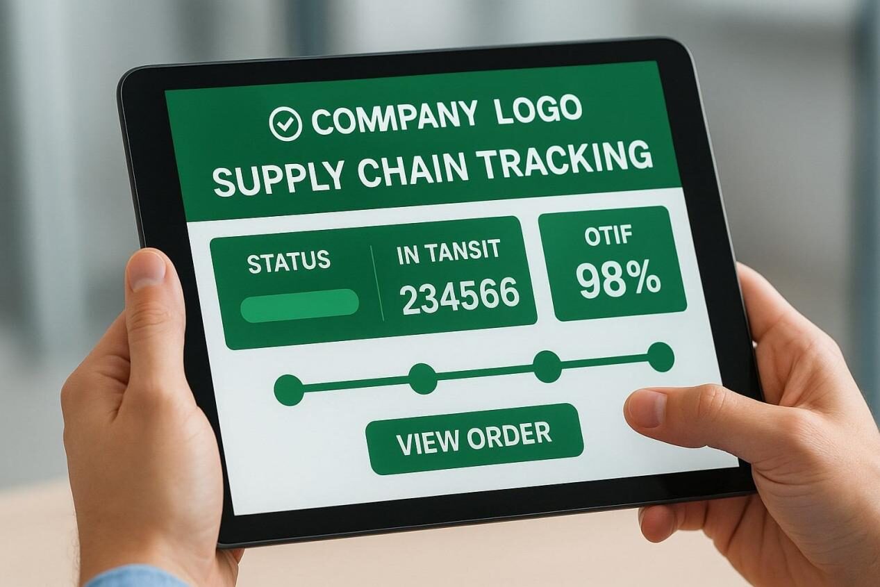 Tablet displaying a green-lit supply chain tracking system with status updates, order number, and OTIF metrics, emphasizing data transparency and ERP integration.