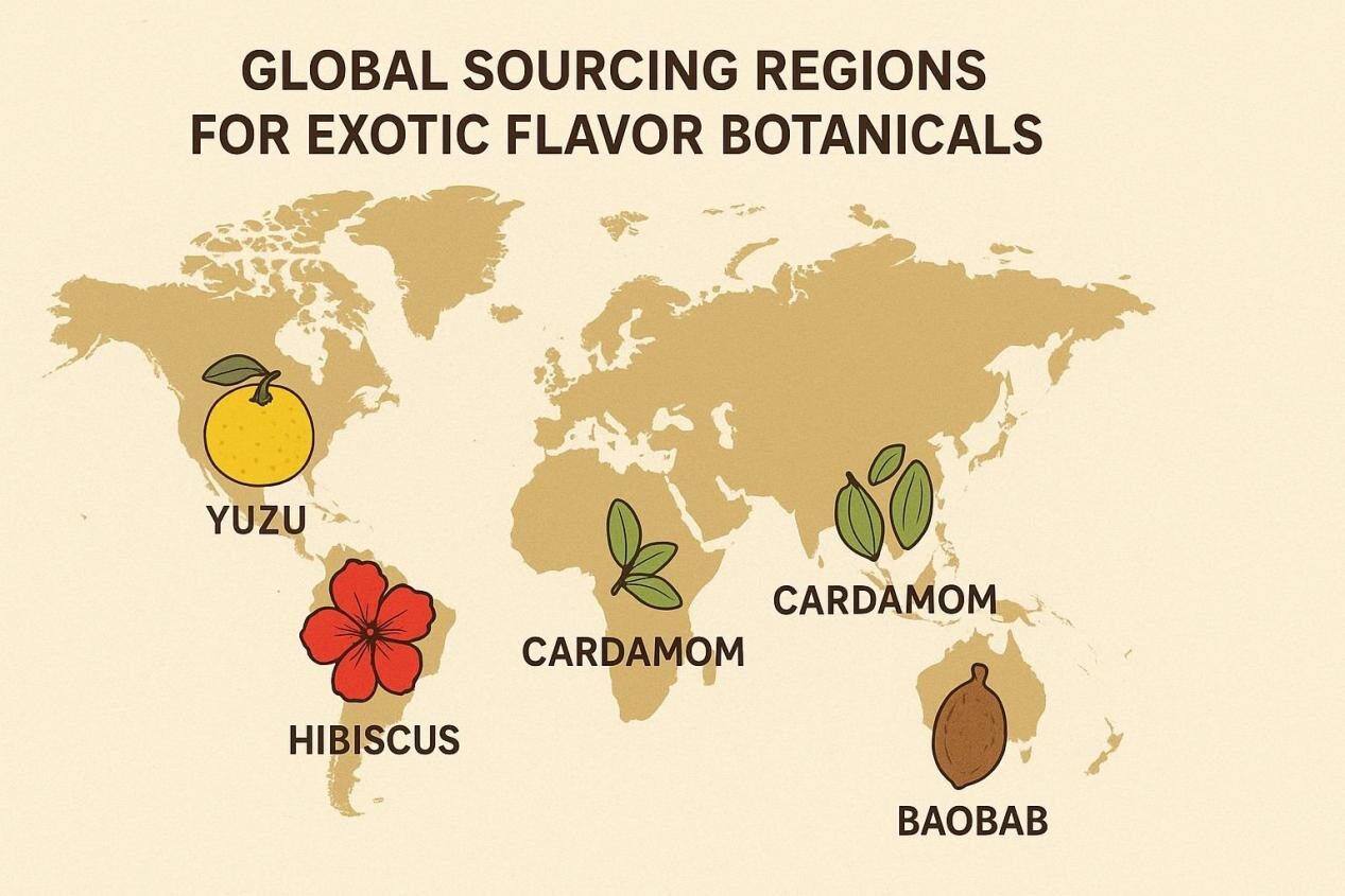 World map highlighting global sourcing regions for exotic flavor botanicals.