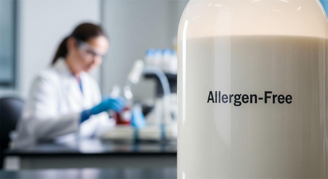 A close-up photograph of a perfectly mixed product in a bottle, with a clear "Allergen-Free" label. The image is beautifully lit, and in the background, a scientist is subtly out of focus at a lab bench, symbolizing scientific rigor. The title is "The Unbreakable Promise: Safe and Delicious."