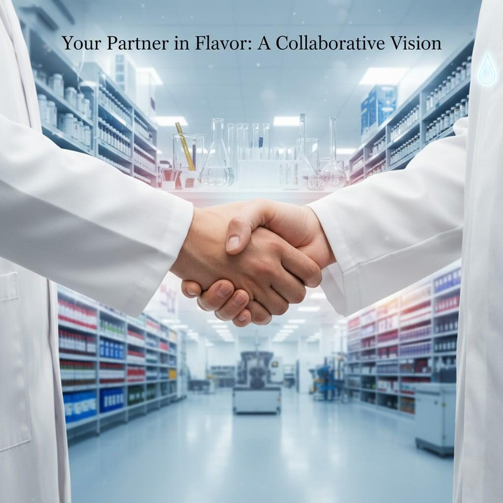 A close-up shot of a handshake between a product developer wearing a lab coat and a flavor expert whose uniform subtly features a flavor droplet icon. The background is a vibrant, out-of-focus scene depicting a product development lab, a flavor library, and a factory floor, suggesting seamless integration across operations. The overall title is "Your Partner in Flavor: A Collaborative Vision."