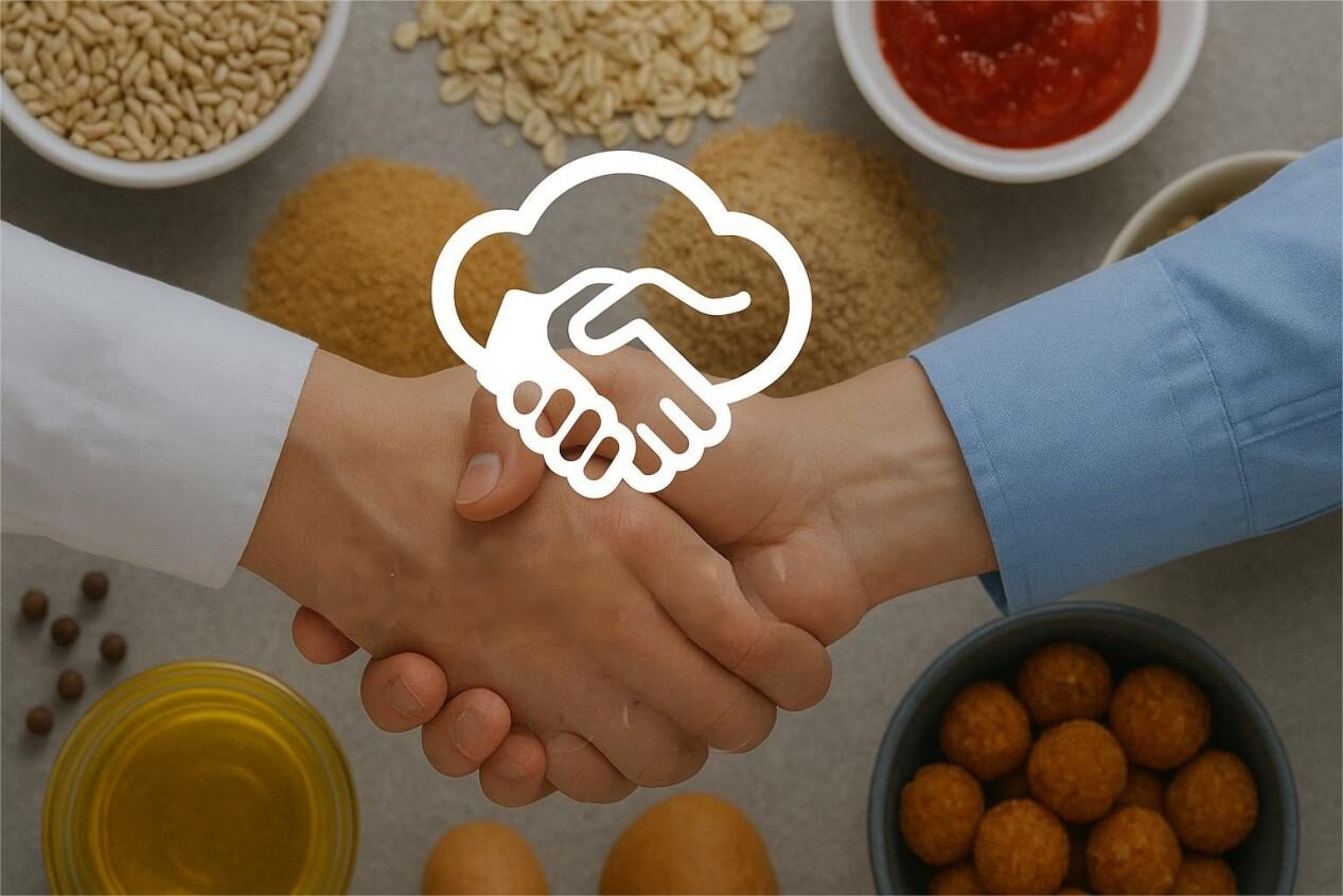 16:9 image of a handshake overlaid on a background of food and beverage ingredients, with a company logo, symbolizing trust and collaboration.