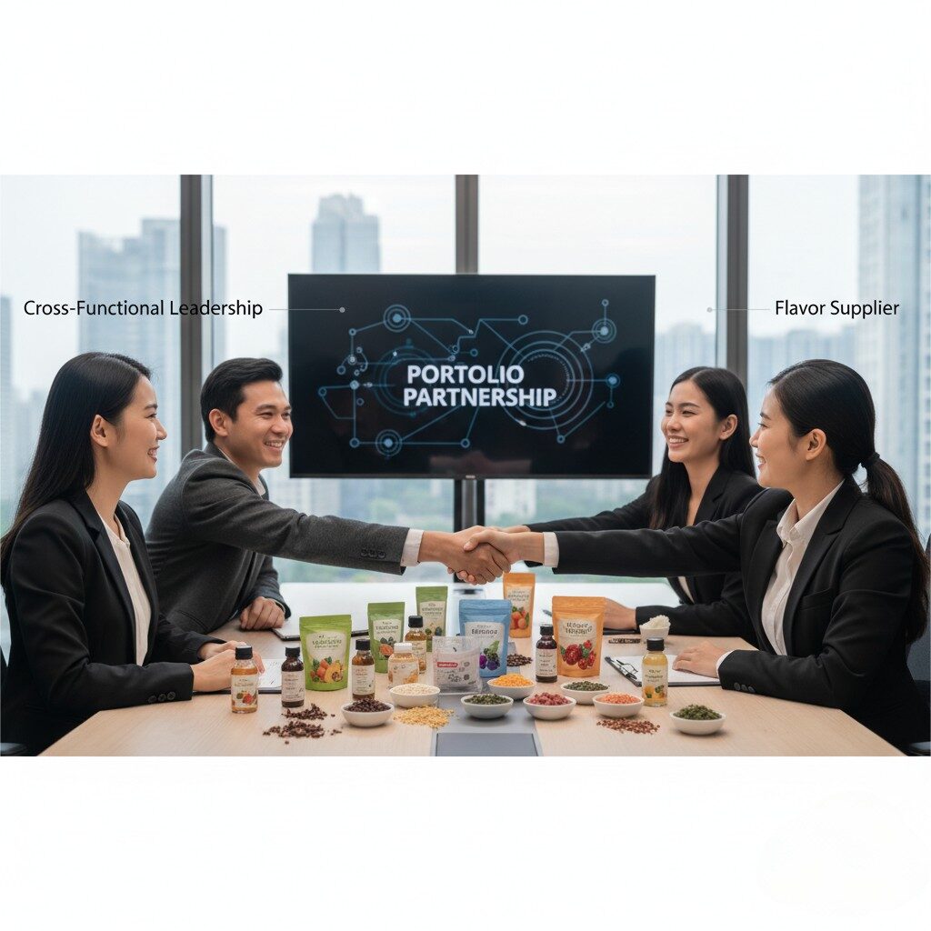 Leadership handshake with flavor supplier and product samples symbolizing portfolio partnership.