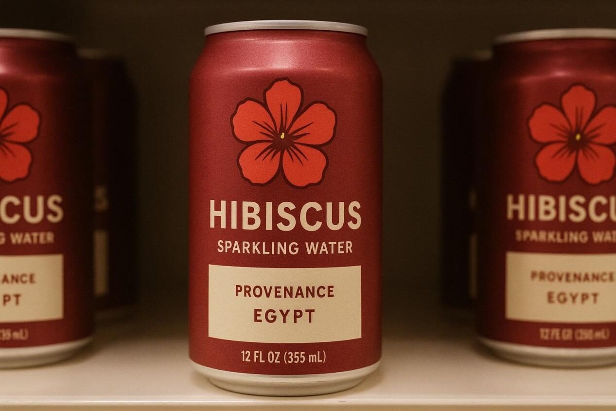 Premium exotic flavor beverage displayed on a shelf with provenance callout on packaging.