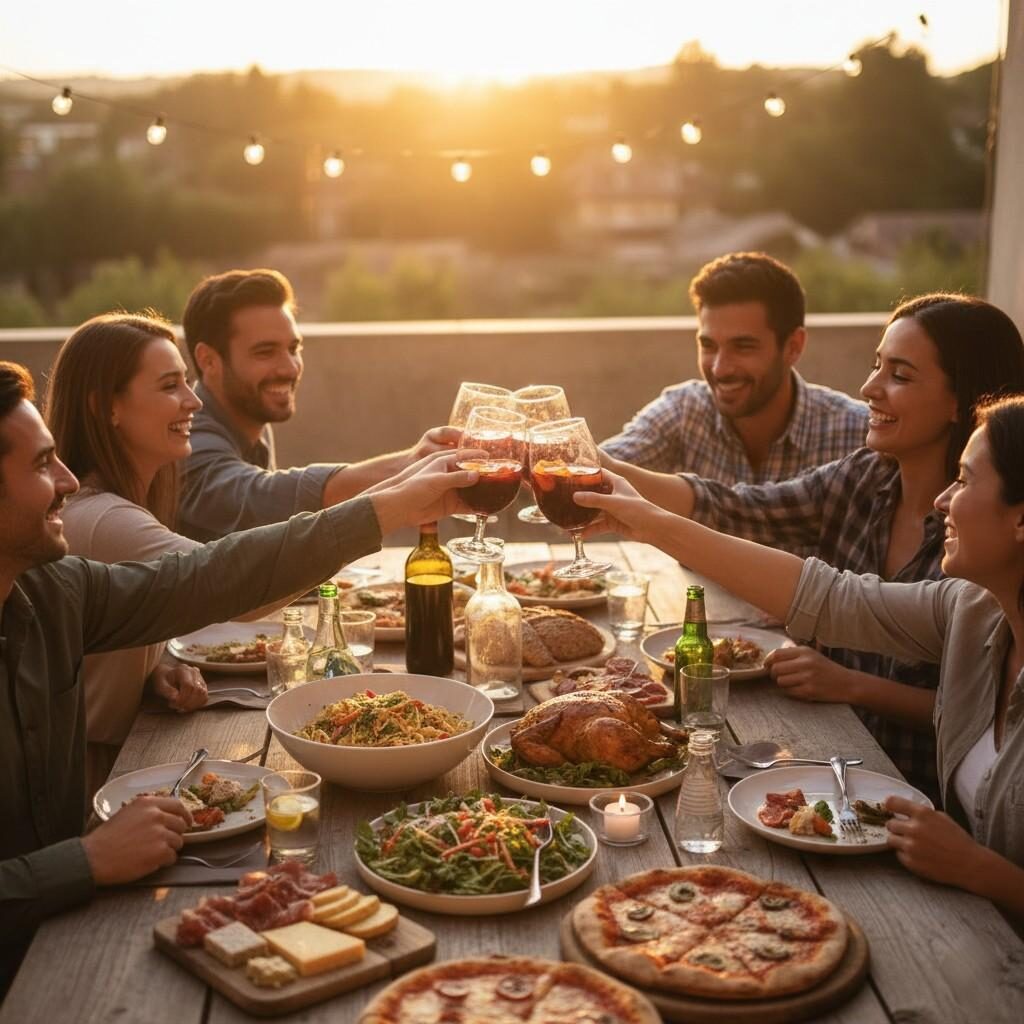 A warm and inviting 16:9 image capturing a diverse group of people happily sharing a meal. The scene shows individuals laughing and conversing around a beautifully set table laden with a variety of delicious food and drinks. The atmosphere is joyful and connected, with realistic lighting and a natural feel, emphasizing the communal pleasure of food and the emotional connections it fosters. The image perfectly encapsulates the ultimate purpose of flavor: creating memorable experiences.