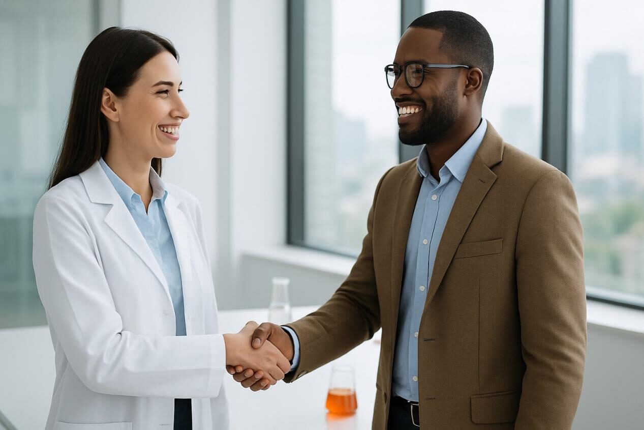 A flavor expert and a client representative smile and shake hands in a modern laboratory office. Natural light streams in from floor-to-ceiling windows, a blurred cityscape is in the background, and food samples are placed on the table, creating a positive atmosphere of trust and collaboration.