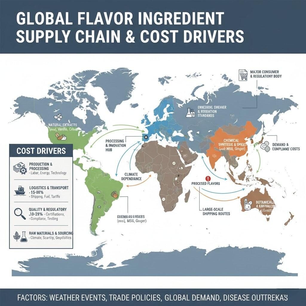 Un mapa de la cadena de suministro global que ilustra regiones clave para la producción y el procesamiento de ingredientes de sabor, destaca los principales factores de costos, como el abastecimiento de materias primas, la logística, el control de calidad y el cumplimiento normativo, y muestra áreas de extractos naturales, síntesis química y centros de procesamiento.