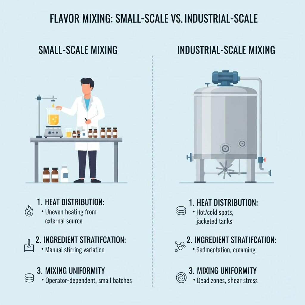 Un cuadro comparativo que detalla las diferencias y los desafíos específicos entre la mezcla de sabores a pequeña escala y los tanques de mezcla a escala industrial. Destaca cuestiones clave como la distribución del calor (calentamiento desigual versus puntos calientes/fríos), estratificación de ingredientes (variación de agitación manual versus sedimentación/crema) y uniformidad de la mezcla (dependiente del operador versus zonas muertas/esfuerzo cortante).