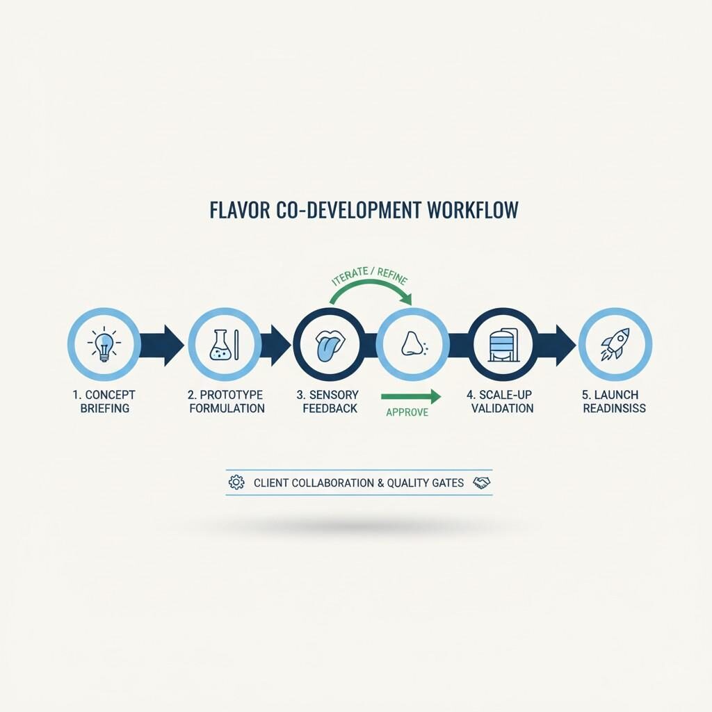 مخطط انسيابي واضح يوضح سير عمل التطوير المشترك للنكهة، ويوضح بالتفصيل كل خطوة حاسمة بدءًا من ملخص المفهوم الأولي وصياغة النموذج الأولي، من خلال التعليقات الحسية التكرارية والتحسين، إلى التحقق من صحة النطاق والاستعداد النهائي للإطلاق. يؤكد هذا الرسم البياني على تعاون العميل وبوابات الجودة المهمة طوال العملية.