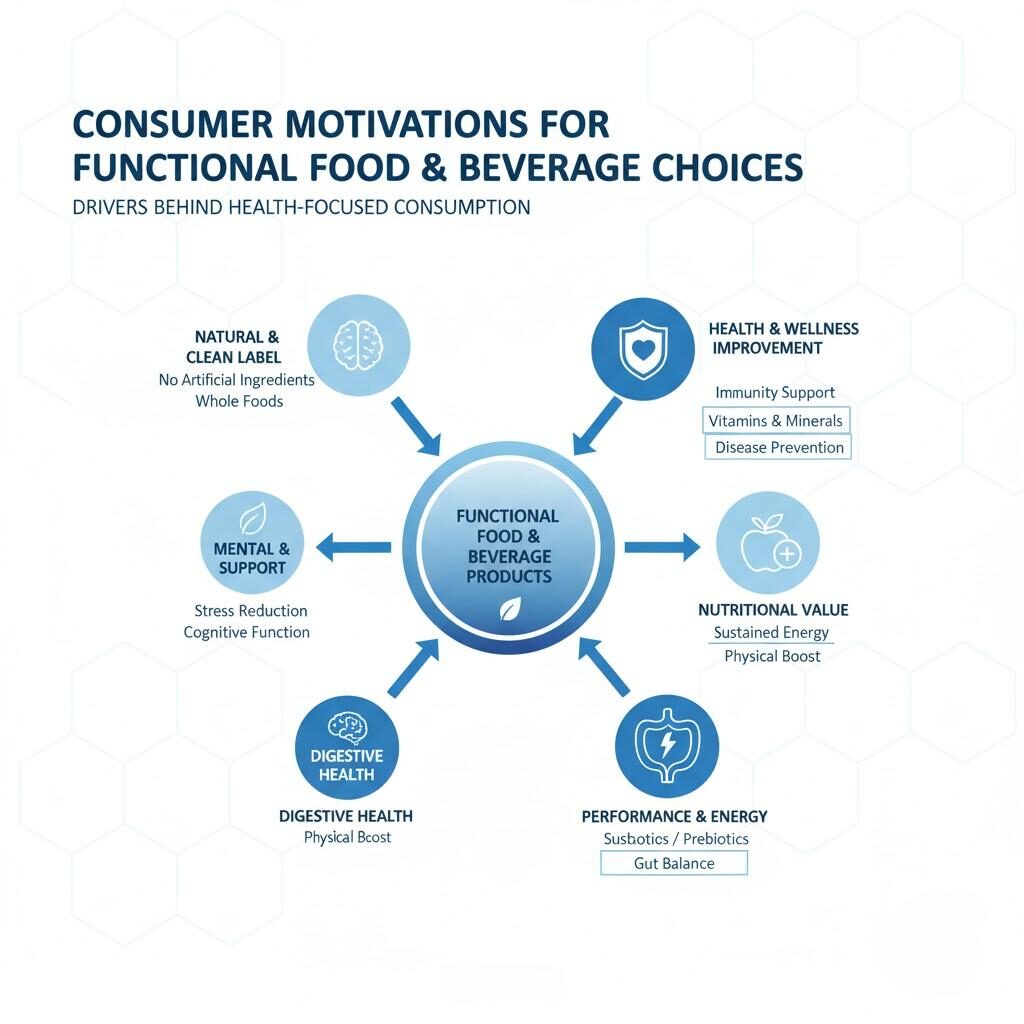 Un diagramme décrivant les principales motivations des consommateurs pour choisir des aliments et des boissons fonctionnels, notamment l'amélioration de la santé et du bien-être, les étiquettes naturelles et propres, le soutien mental, la santé digestive, la performance et l'énergie, ainsi que la valeur nutritionnelle globale.