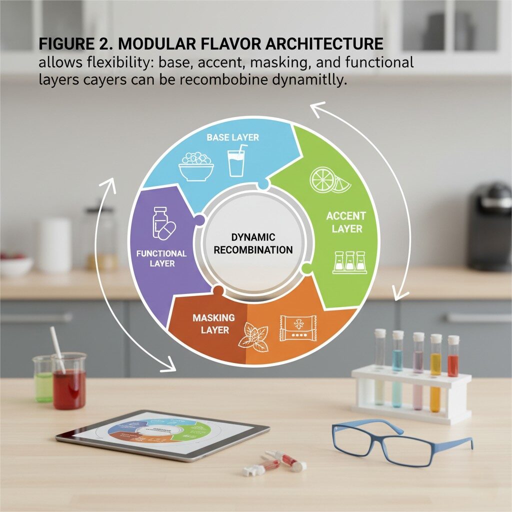 Discover the modular flavor architecture, demonstrating how base, accent, masking, and functional layers can be dynamically recombined to create highly flexible and customizable flavor profiles in food and beverages.