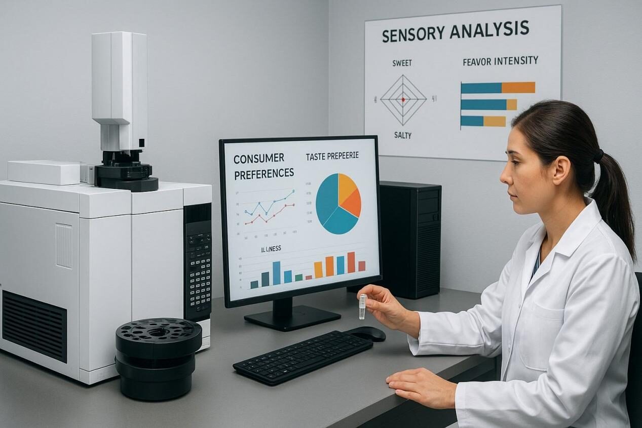 感官分析实验室的真实照片，将 GC-MS 化学分析与消费者反馈仪表板相结合。非常适合有关食品科学、感官评估和数据驱动的风味创新的博客。风味设计已变得越来越数据驱动。现代风味餐厅利用了几个关键工具：