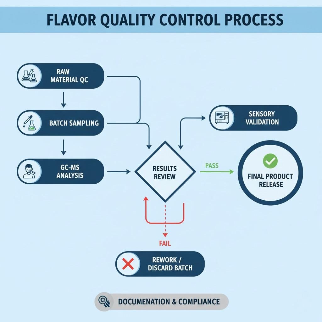 Un diagrama de flujo completo que describe el proceso de control de calidad del sabor, desde el control de calidad inicial de la materia prima y el muestreo de lotes, pasando por métodos analíticos como el análisis GC-MS, hasta la validación sensorial humana y concluyendo con la liberación del producto final. El cuadro también detalla los pasos para la revisión de resultados y la posible reelaboración o descarte de lotes, enfatizando la documentación y el cumplimiento.
