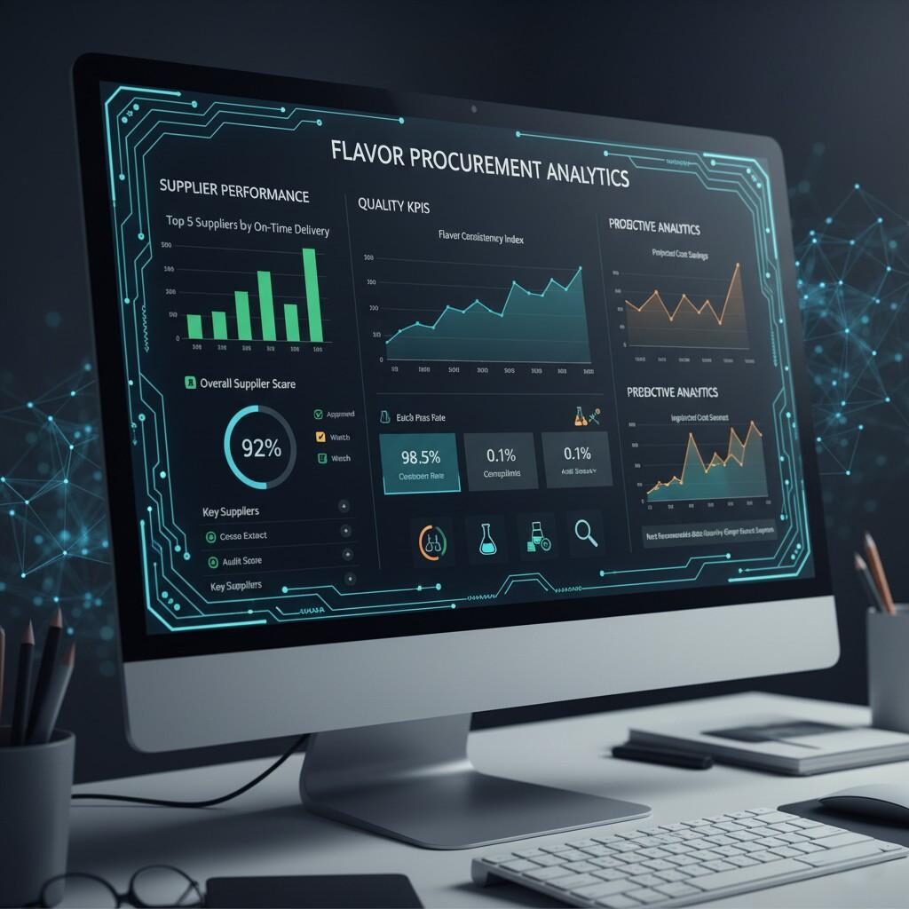 Una visualización de panel digital sofisticada diseñada para la adquisición de sabores, que presenta métricas clave de desempeño de los proveedores, como entrega a tiempo y puntajes generales, KPI de calidad críticos, como consistencia del sabor y tasas de aprobación de lotes, y gráficos de análisis predictivos para ahorros de costos e información sobre ingredientes. Esta herramienta mejora la toma de decisiones basada en datos en la industria alimentaria.