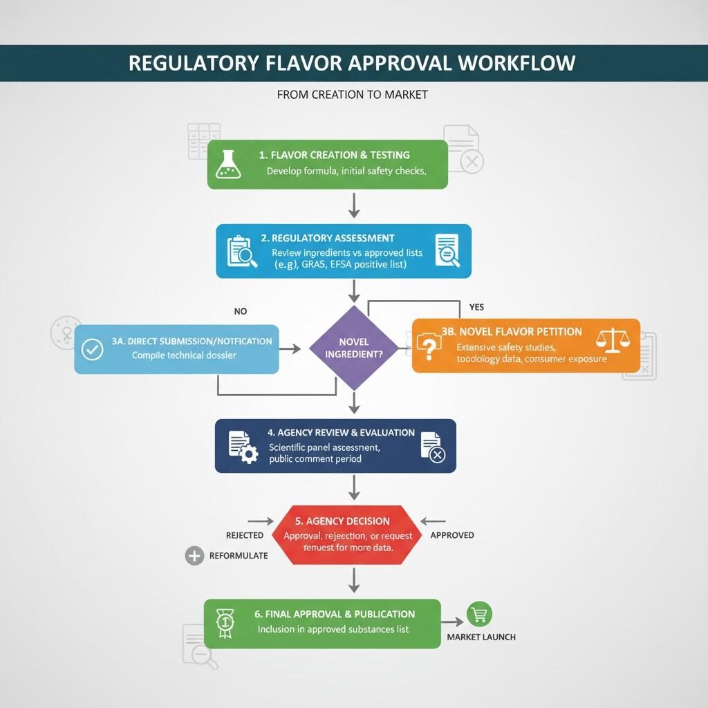 Un diagrama de flujo de trabajo detallado que describe el proceso de aprobación regulatoria para sabores alimentarios, desde la creación y prueba inicial, hasta la evaluación regulatoria, peticiones o presentaciones directas de nuevos ingredientes, revisión de la agencia, decisión y aprobación final y publicación para el lanzamiento al mercado.