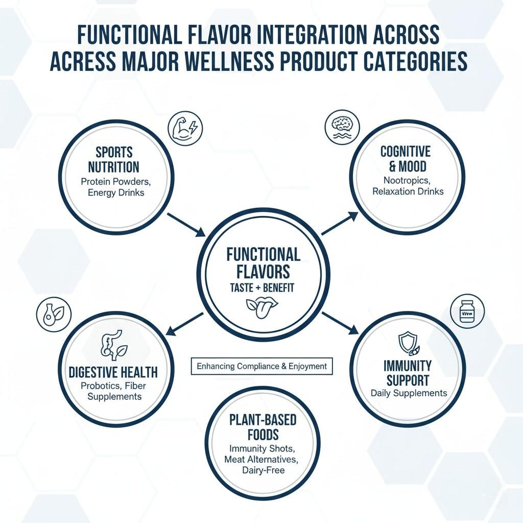 Un diagramme illustrant l'intégration des arômes fonctionnels dans les principales catégories de produits de bien-être, notamment la nutrition sportive, les soins cognitifs et de l'humeur, la santé digestive, les aliments à base de plantes et le soutien immunitaire, soulignant comment le goût améliore l'observance et le plaisir des ingrédients bénéfiques.