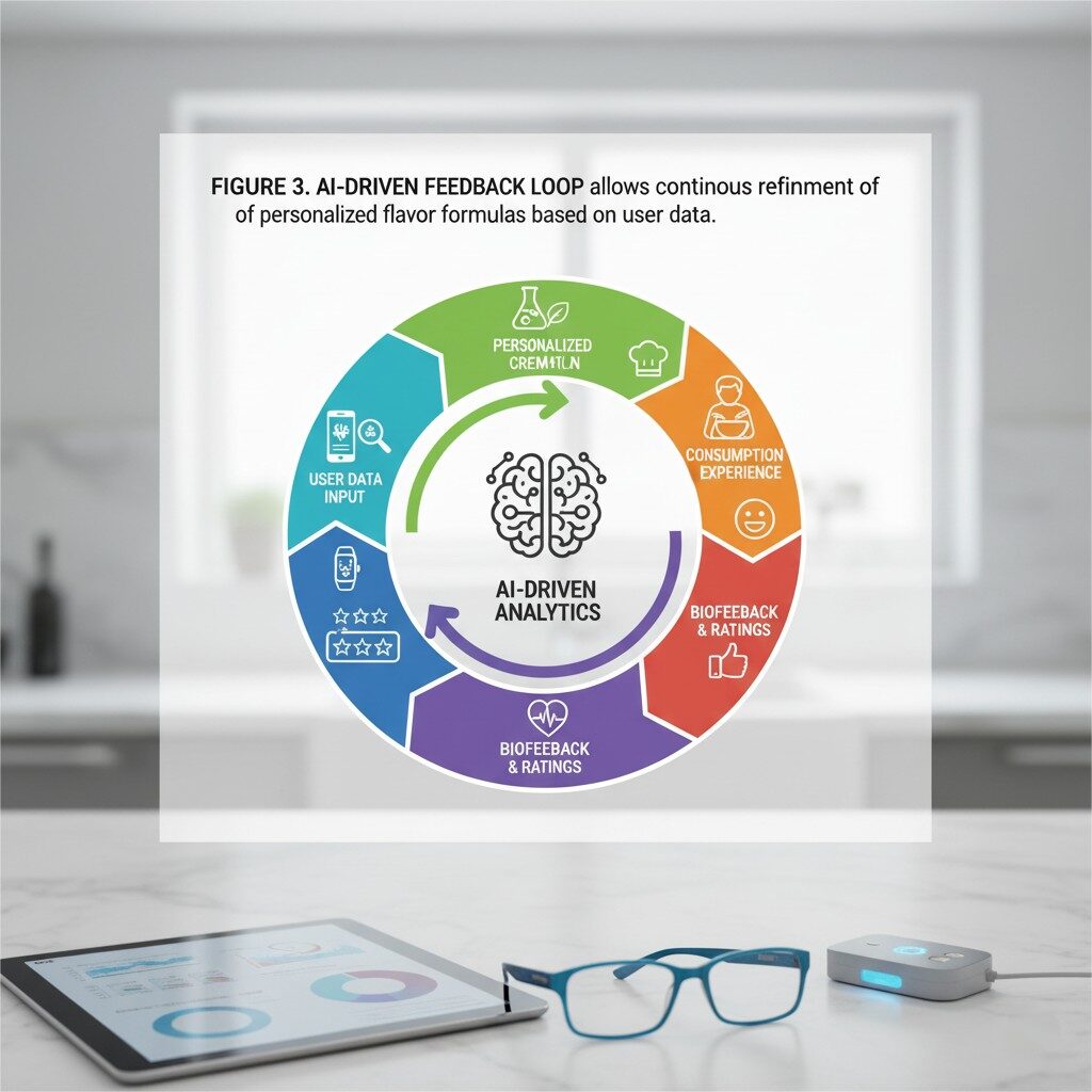 Visualize the AI-driven feedback loop that enables continuous refinement of personalized flavor formulas. This process leverages user data, consumption experiences, and biofeedback to dynamically optimize taste profiles for individual preferences.