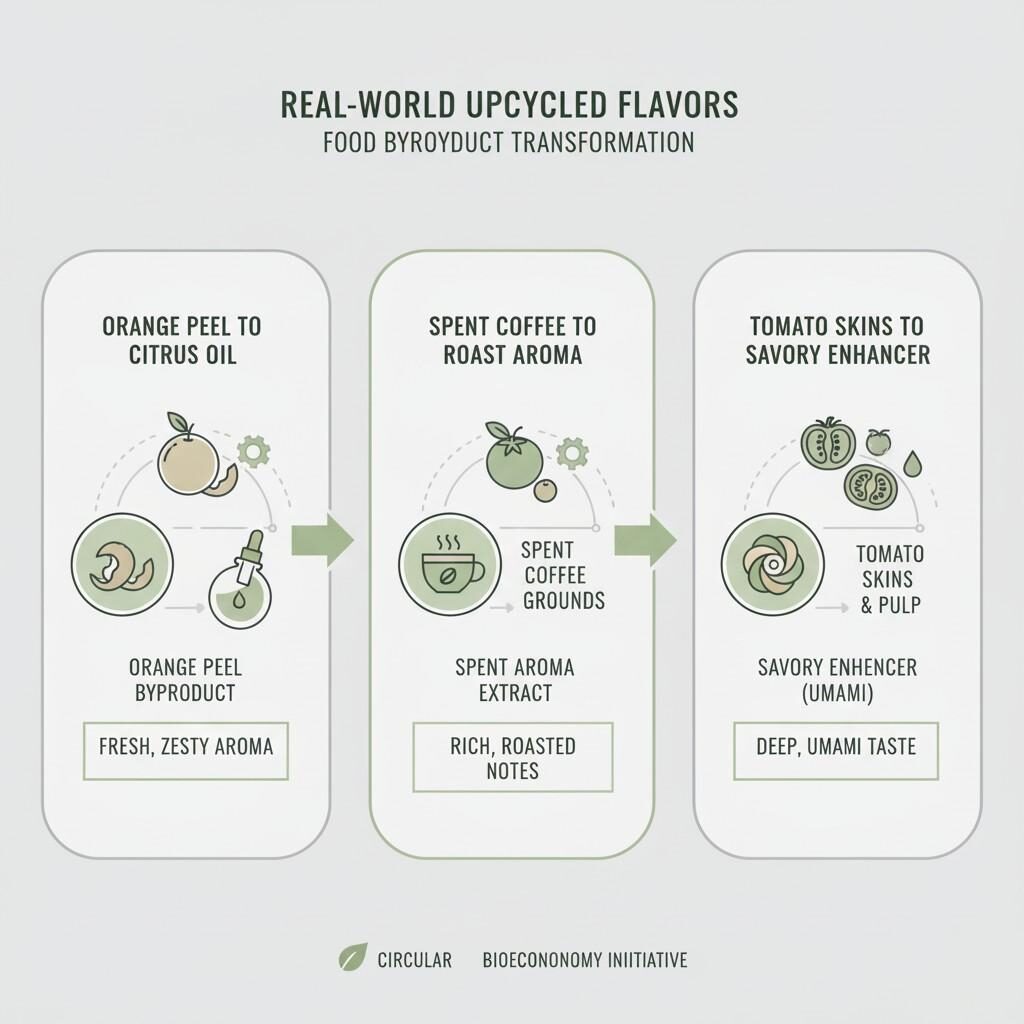 تصور أمثلة من العالم الحقيقي لإنتاج النكهة المُعاد تدويرها، موضحًا كيف يتم تحويل قشور البرتقال إلى زيت الحمضيات، والقهوة المطحونة إلى مستخلص رائحة التحميص، وقشور الطماطم إلى معززات لذيذة، مع عرض التطبيقات العملية للاستخدام المستدام للمنتجات الثانوية الغذائية.