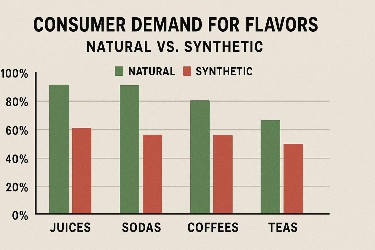 现实的信息图比较了消费者对各种饮料类别（包括果汁、苏打水、咖啡和茶）的天然香料和合成香料的需求。非常适合有关市场趋势、风味创新和消费者洞察的博客。