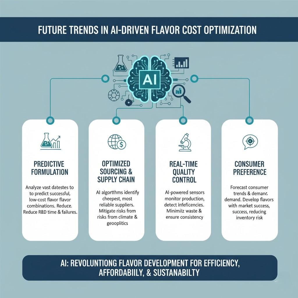Una infografía que ilustra las tendencias futuras en la optimización de costos de sabores impulsada por la IA y que detalla cómo la IA puede mejorar la formulación predictiva, optimizar el abastecimiento y las cadenas de suministro, permitir el control de calidad en tiempo real y pronosticar mejor las preferencias de los consumidores para mejorar la eficiencia, la asequibilidad y la sostenibilidad en el desarrollo de sabores.