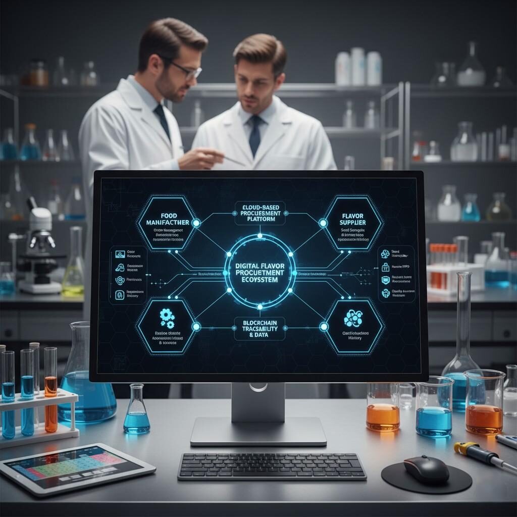 يوضح هذا المخطط الانسيابي التفصيلي النظام البيئي لشراء النكهات الرقمية، ويعرض الترابط بين مصنعي المواد الغذائية وموردي النكهات وإمكانية تتبع blockchain ونظام الشراء القائم على السحابة. صورة أساسية للمدونات التي تركز على تحسين سلاسل التوريد لصناعة الأغذية، ورقمنة مصادر المكونات، والاستفادة من التقنيات المتقدمة لتحقيق الكفاءة والشفافية.