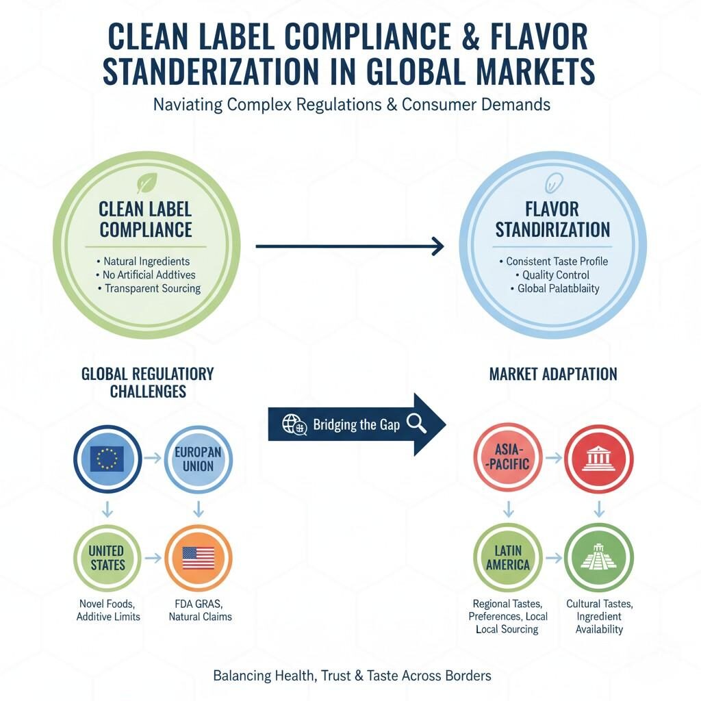 Un diagramme complet détaillant les défis et les stratégies pour parvenir à la conformité au label clean et à la normalisation des arômes sur les marchés mondiaux, en abordant les obstacles réglementaires (UE, États-Unis) et en adaptant le marché en fonction des préférences gustatives régionales et culturelles, de la disponibilité des ingrédients et de l'approvisionnement local.