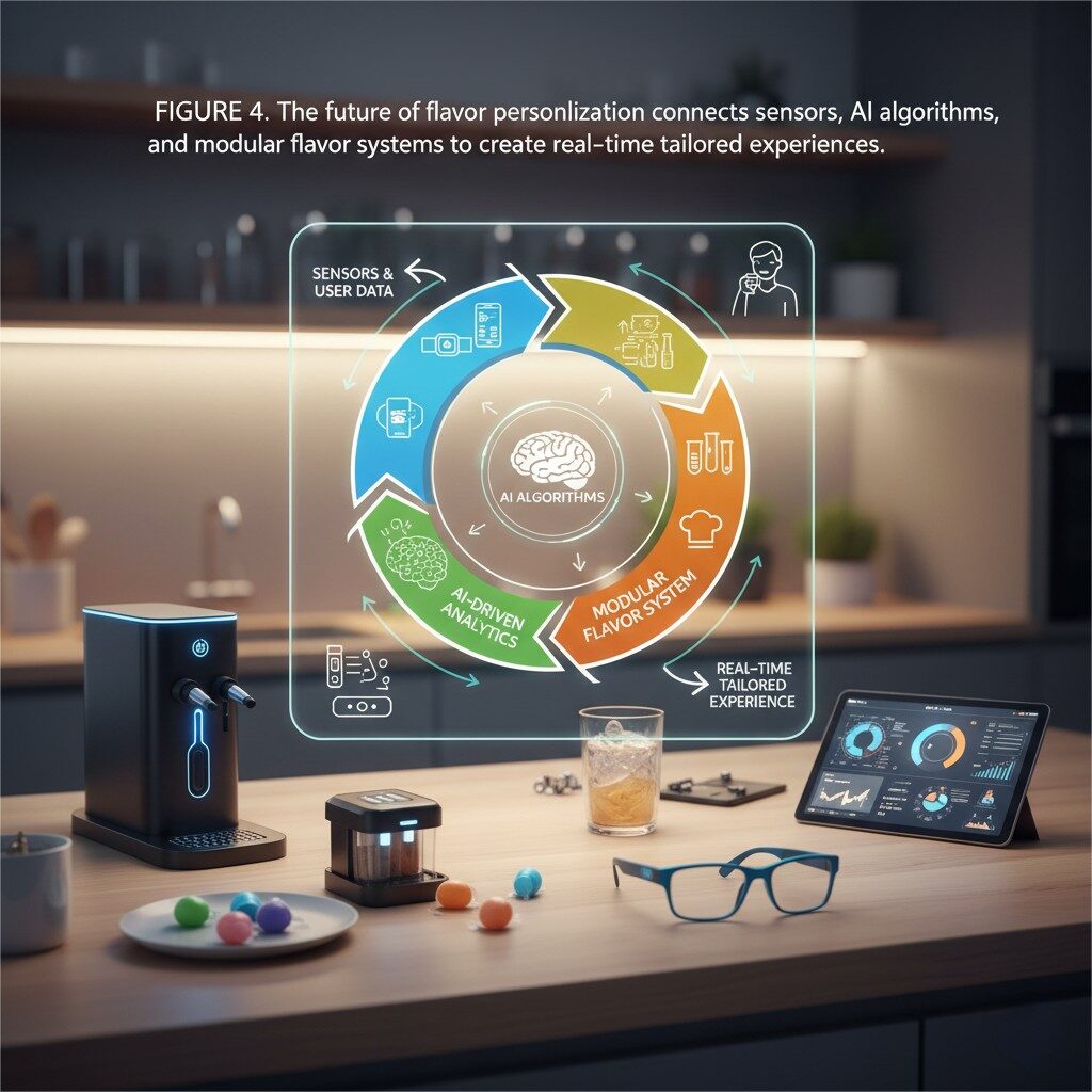 Explore the future of flavor personalization, showcasing an integrated system where sensors, AI algorithms, and modular flavor systems converge to create dynamically tailored, real-time taste experiences for every individual.