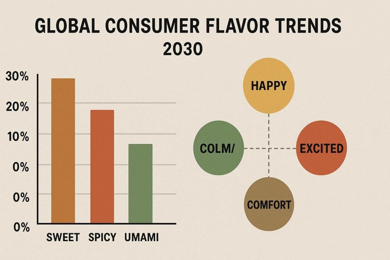 逼真的信息图可视化 2030 年全球消费者风味趋势和情感图谱。显示风味偏好数据以及幸福、舒适和兴奋等情感关联，非常适合关于未来食品趋势和感官创新的博客。