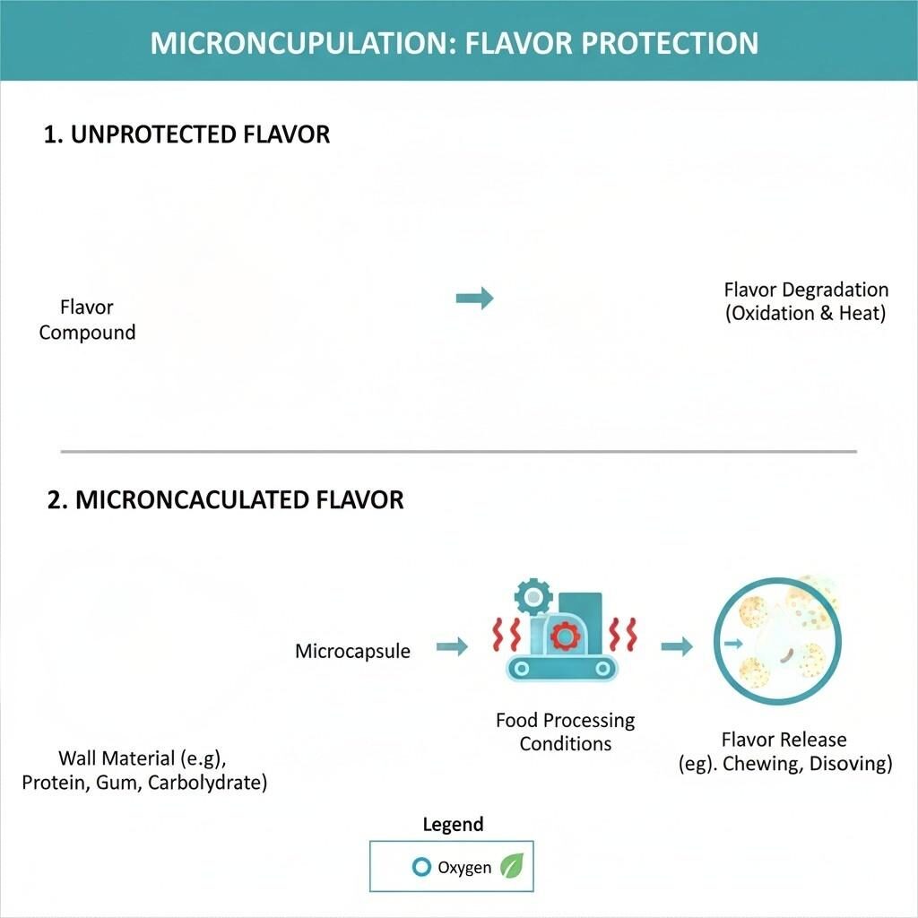 This diagram illustrates the critical role of microencapsulation in protecting delicate flavor compounds from oxidation and heat degradation, ensuring flavor stability and quality throughout food processing and storage.
