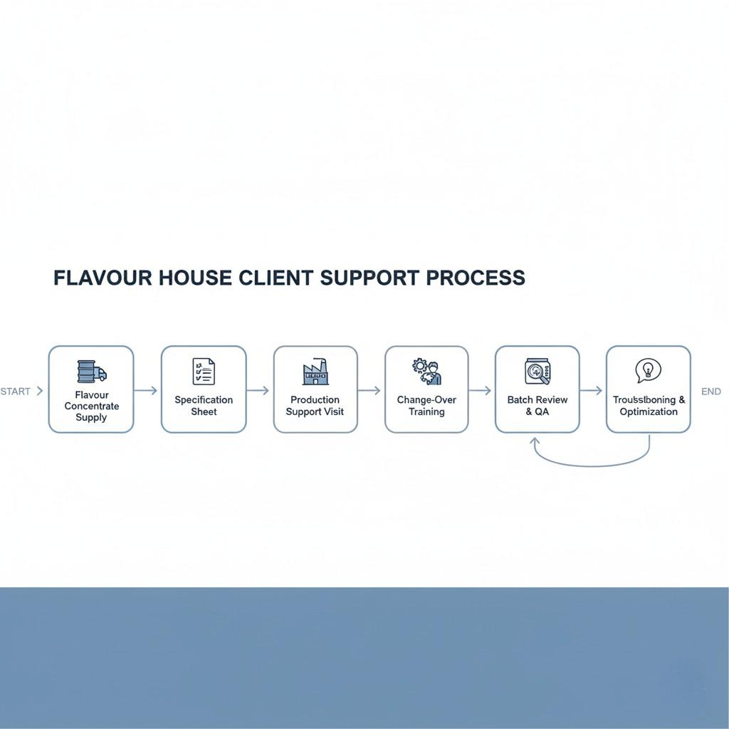 Visualize the comprehensive support process offered by a flavor house to its clients. This diagram illustrates the steps from flavor concentrate supply and specification sheets to production support visits, change-over training, batch reviews, and crucial troubleshooting for optimal manufacturing integration.
