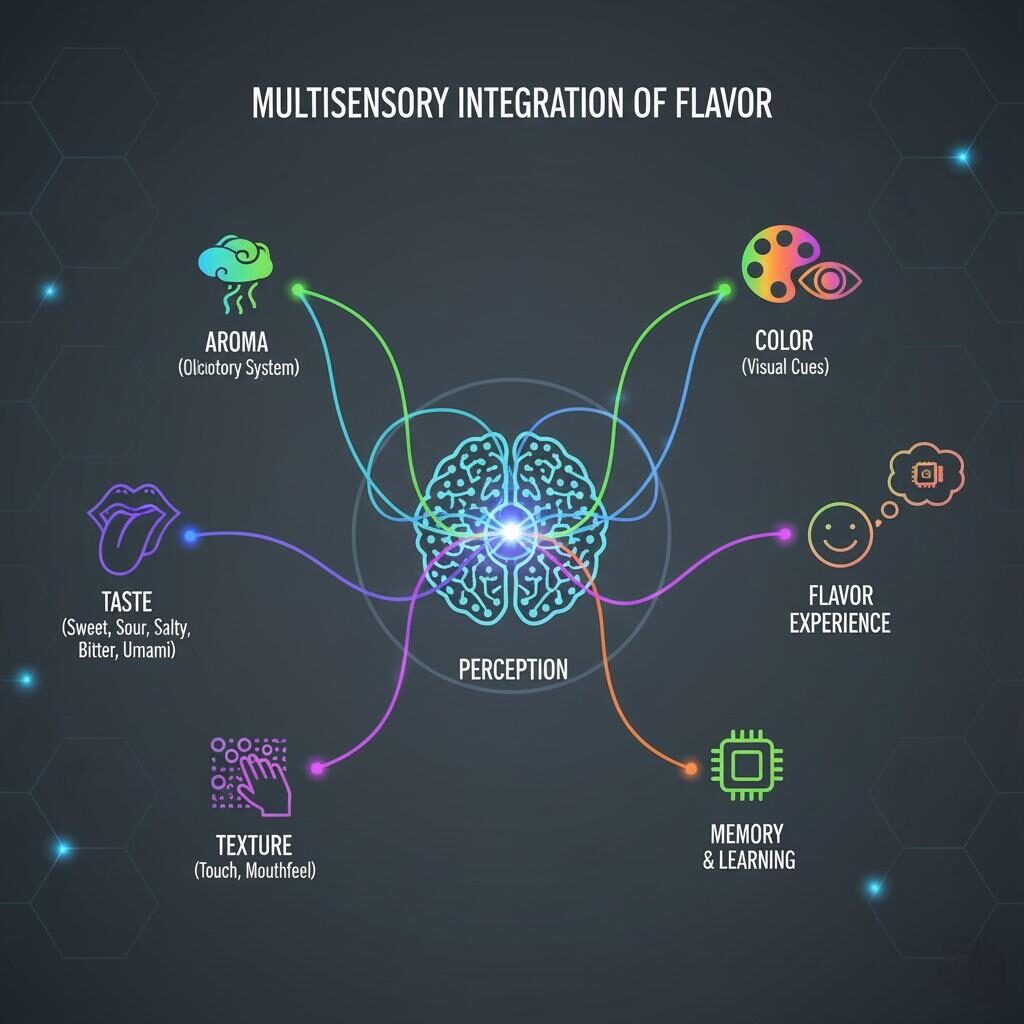 A clear diagram illustrating the complex multisensory integration of taste (sweet, sour, salty, bitter, umami), aroma (olfactory system), color (visual cues), and texture (mouthfeel) in the human brain to form a comprehensive flavor experience, influencing memory and learning.